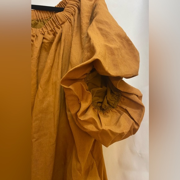 Beulah Style Nolan Camel Linen Mini Dress Lined Pockets Puff Sleeve Size Large - Picture 5 of 13